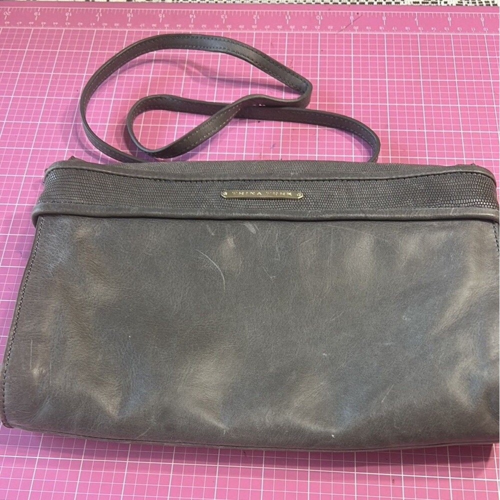 TRINA TURK Gray Leather Clutch with Fold Over Design Shoulder Bag with Handle